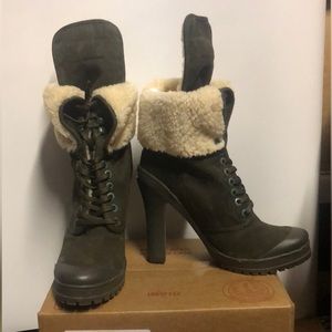A3DD Philip Simon Military Kevoik Heel Boots W/ Fur used w box SZ 10 khaki green